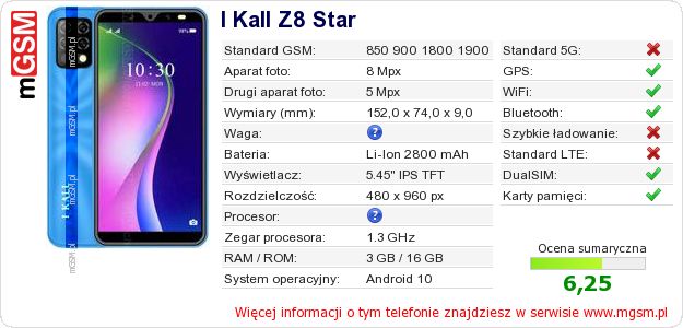 Dane telefonu I Kall Z8 Star
