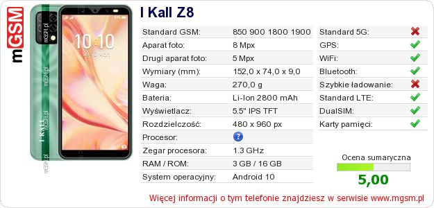 Dane telefonu I Kall Z8 Dane telefonu I Kall Z8