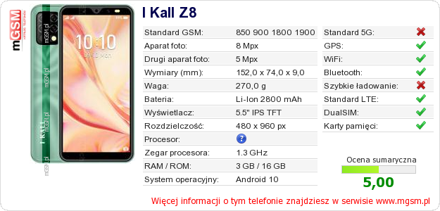 Dane telefonu I Kall Z8