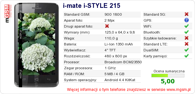 Dane telefonu i-mate i-STYLE 215
