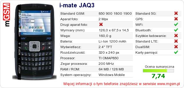 Dane telefonu i-mate JAQ3 Dane telefonu i-mate JAQ3