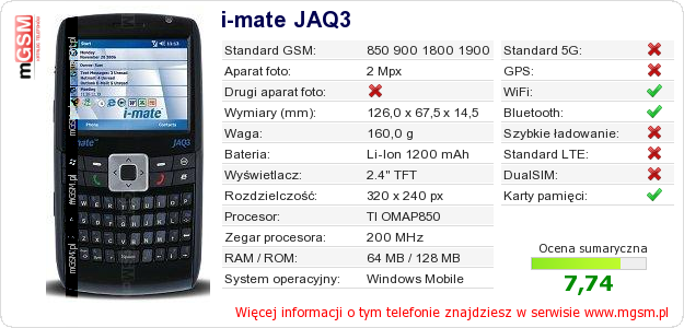 Dane telefonu i-mate JAQ3 Dane telefonu i-mate JAQ3