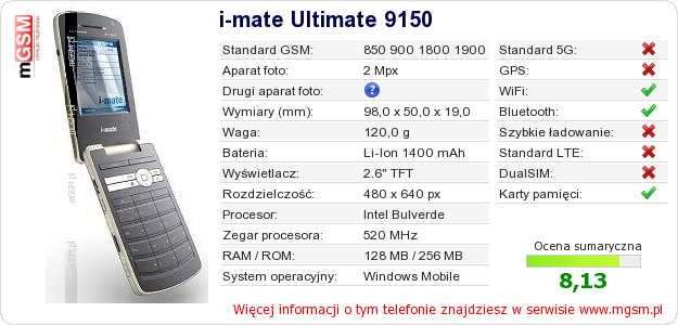 Dane telefonu i-mate Ultimate 9150