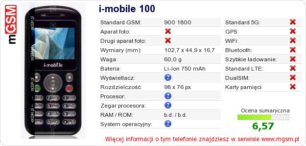 Dane telefonu i-mobile 100 Dane telefonu i-mobile 100