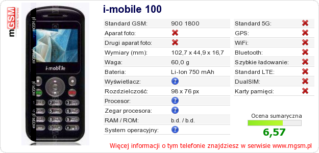 Dane telefonu i-mobile 100 Dane telefonu i-mobile 100