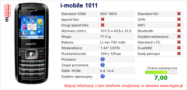 Dane telefonu i-mobile 1011