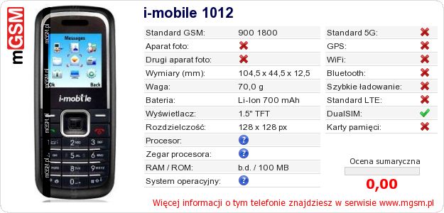 Dane telefonu i-mobile 1012
