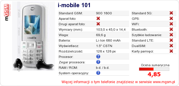 Dane telefonu i-mobile 101