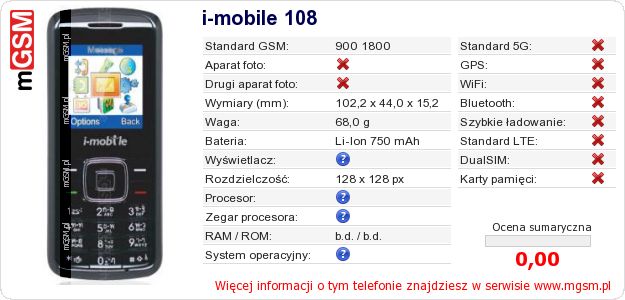 Dane telefonu i-mobile 108 Dane telefonu i-mobile 108