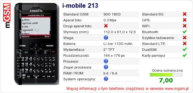 Dane telefonu i-mobile 213 Dane telefonu i-mobile 213