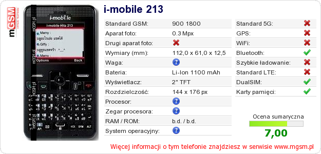 Dane telefonu i-mobile 213