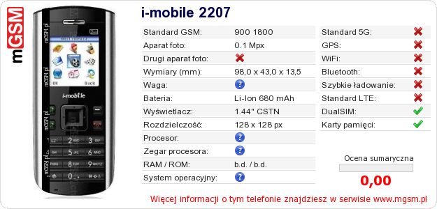 Dane telefonu i-mobile 2207