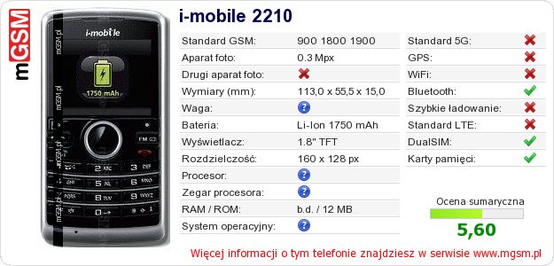 Dane telefonu i-mobile 2210