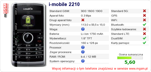 Dane telefonu i-mobile 2210