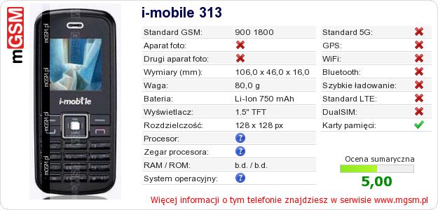 Dane telefonu i-mobile 313