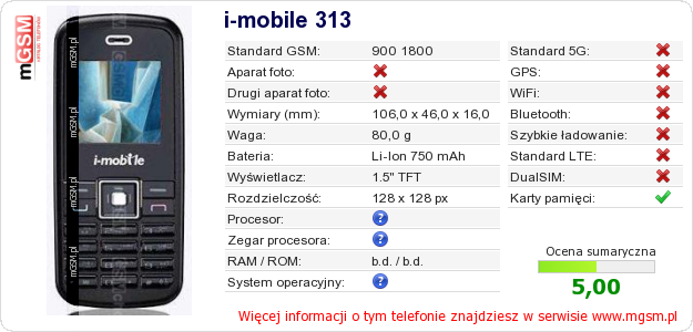 Dane telefonu i-mobile 313