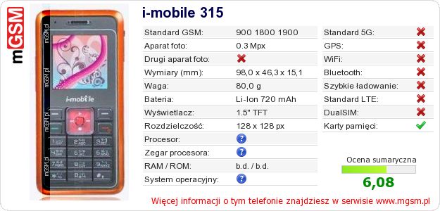 Dane telefonu i-mobile 315