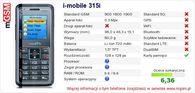 Dane telefonu i-mobile 315i