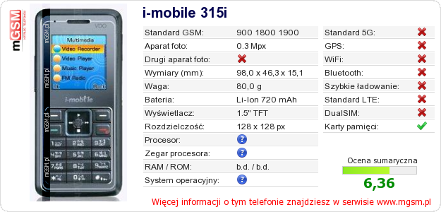 Dane telefonu i-mobile 315i