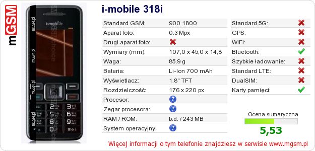 Dane telefonu i-mobile 318i Dane telefonu i-mobile 318i