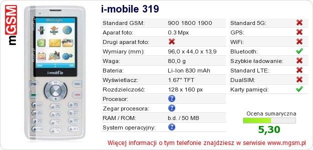 Dane telefonu i-mobile 319