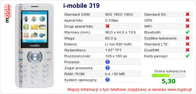 Dane telefonu i-mobile 319