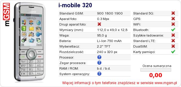 Dane telefonu i-mobile 320