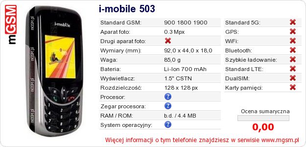 Dane telefonu i-mobile 503 Dane telefonu i-mobile 503