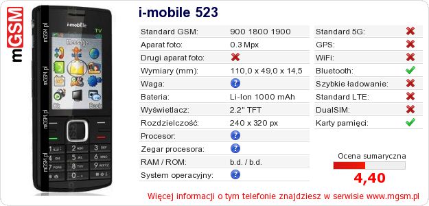 Dane telefonu i-mobile 523 Dane telefonu i-mobile 523