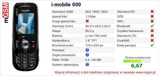 Dane telefonu i-mobile 600