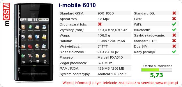 Dane telefonu i-mobile 6010 Dane telefonu i-mobile 6010