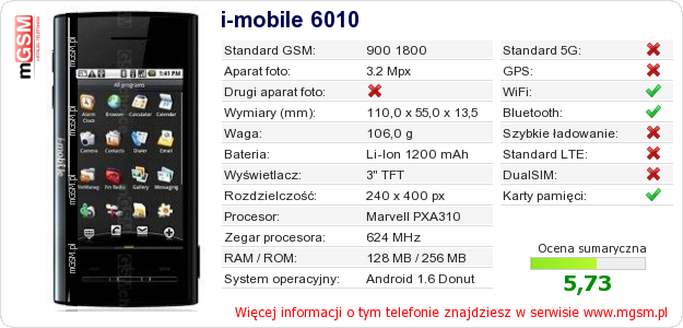 Dane telefonu i-mobile 6010