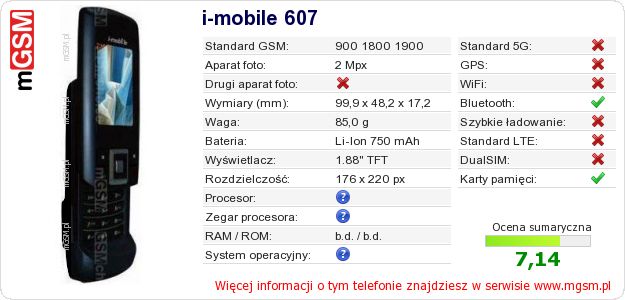 Dane telefonu i-mobile 607