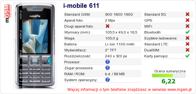 Dane telefonu i-mobile 611