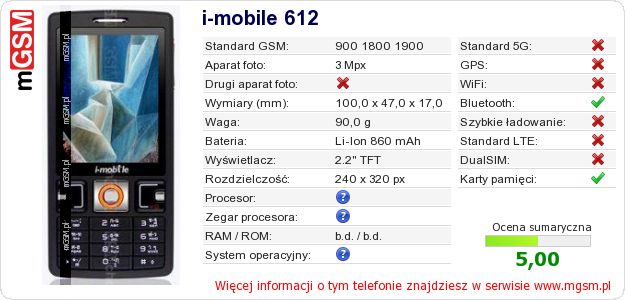 Dane telefonu i-mobile 612 Dane telefonu i-mobile 612