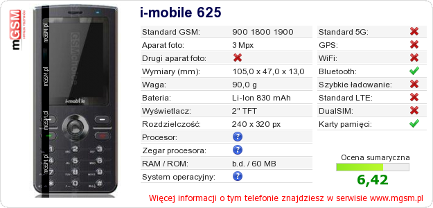 Dane telefonu i-mobile 625