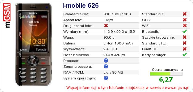 Dane telefonu i-mobile 626 Dane telefonu i-mobile 626