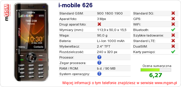 Dane telefonu i-mobile 626