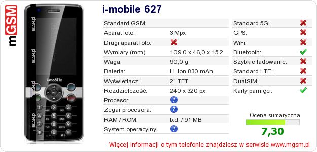Dane telefonu i-mobile 627 Dane telefonu i-mobile 627