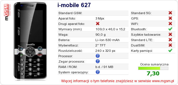 Dane telefonu i-mobile 627