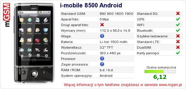 Dane telefonu i-mobile 8500 Android Dane telefonu i-mobile 8500 Android