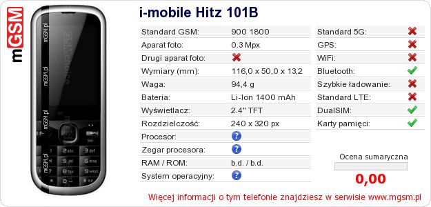 Dane telefonu i-mobile Hitz 101B Dane telefonu i-mobile Hitz 101B