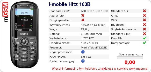 Dane telefonu i-mobile Hitz 103B Dane telefonu i-mobile Hitz 103B