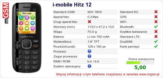 Dane telefonu i-mobile Hitz 12 Dane telefonu i-mobile Hitz 12