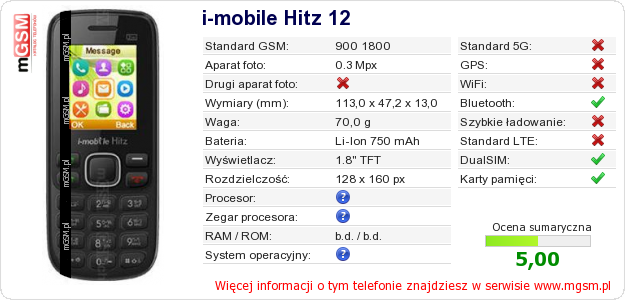 Dane telefonu i-mobile Hitz 12