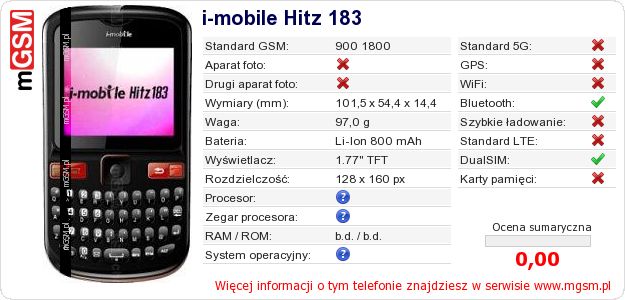 Dane telefonu i-mobile Hitz 183 Dane telefonu i-mobile Hitz 183