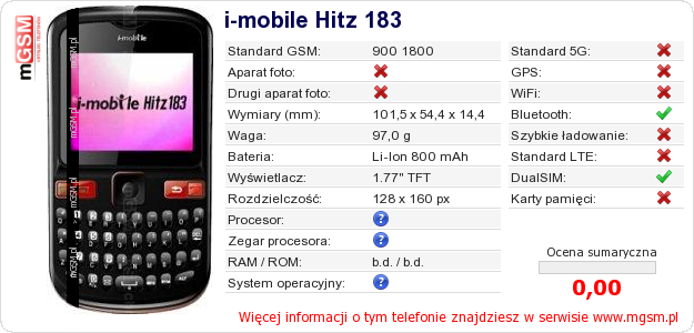 Dane telefonu i-mobile Hitz 183