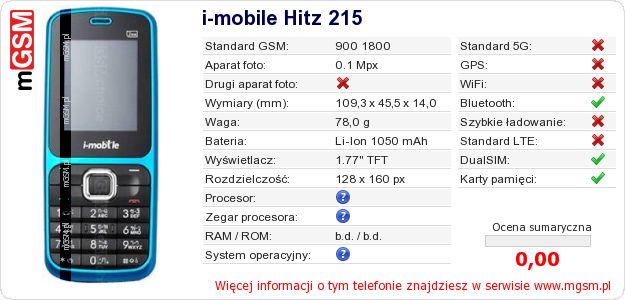 Dane telefonu i-mobile Hitz 215