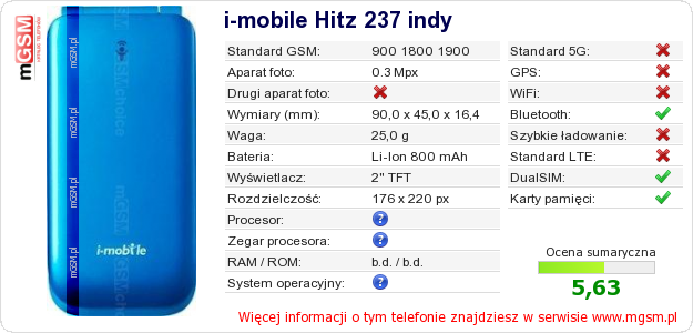 Dane telefonu i-mobile Hitz 237 indy