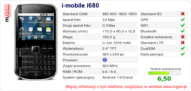 Dane telefonu i-mobile i680